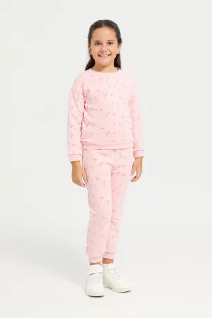 Girls Pink Allover Print Crew Neck Jog Set (2 Piece)