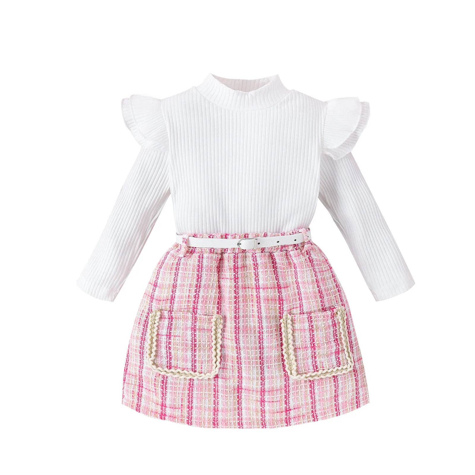 Girls' Turtleneck Long-sleeve T-shirt Woolen Skirt With Belt Suit