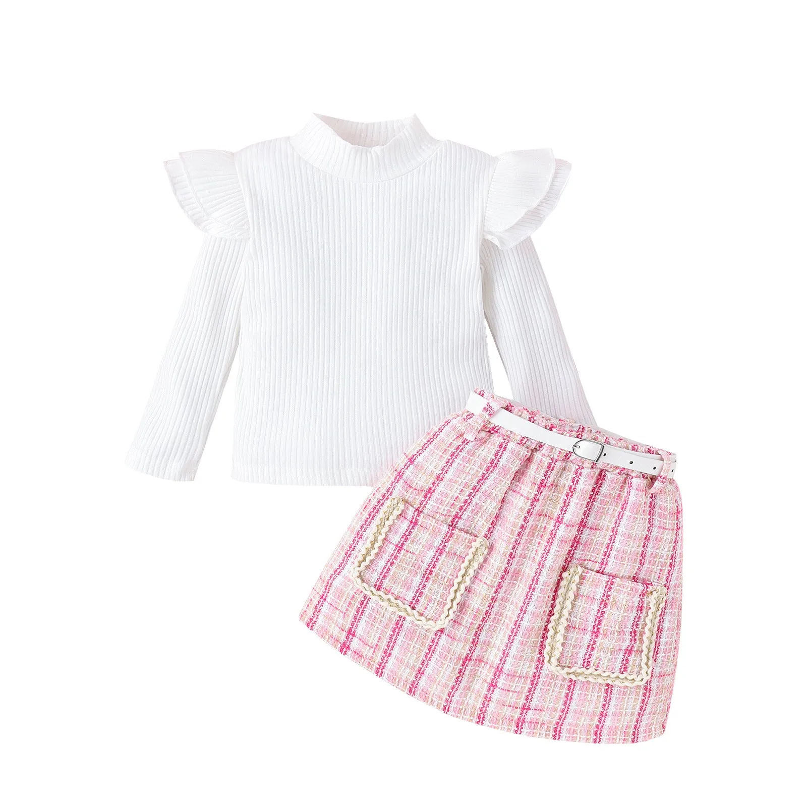 Girls' Turtleneck Long-sleeve T-shirt Woolen Skirt With Belt Suit