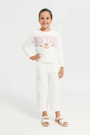 Girls White Trouser With T-Shirt Set (2 Piece)