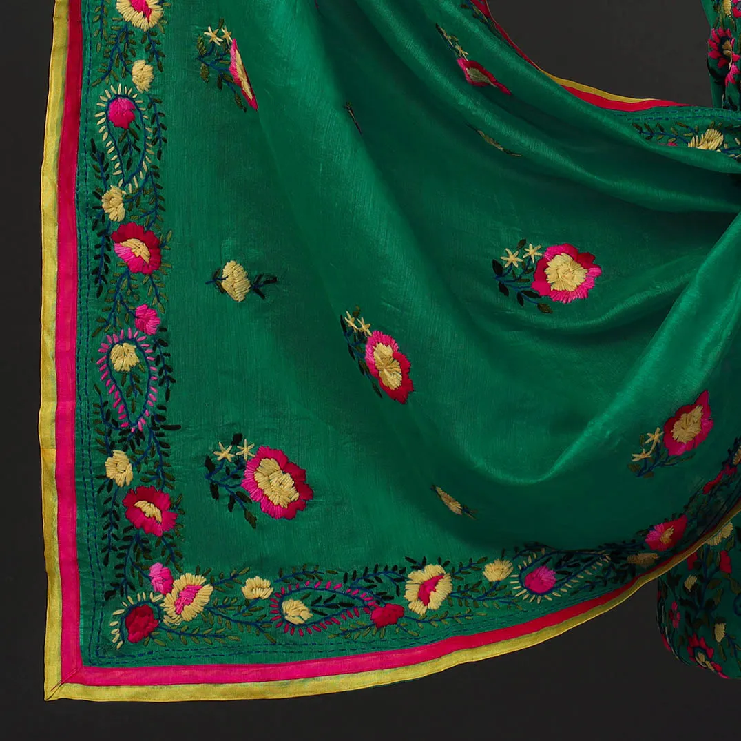 Green - 3pc Hand Embroidery Chanderi Silk Phulkari Dress Material 36