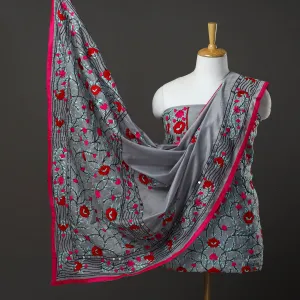 Grey - 3pc Hand Embroidery Chanderi Silk Phulkari Dress Material 83