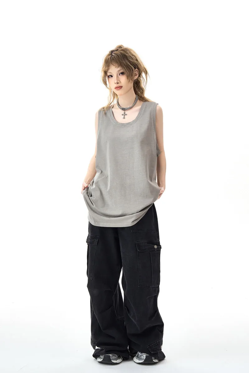 High Street Distressed Slit Sleeveless T-Shirt Solid Color Vest