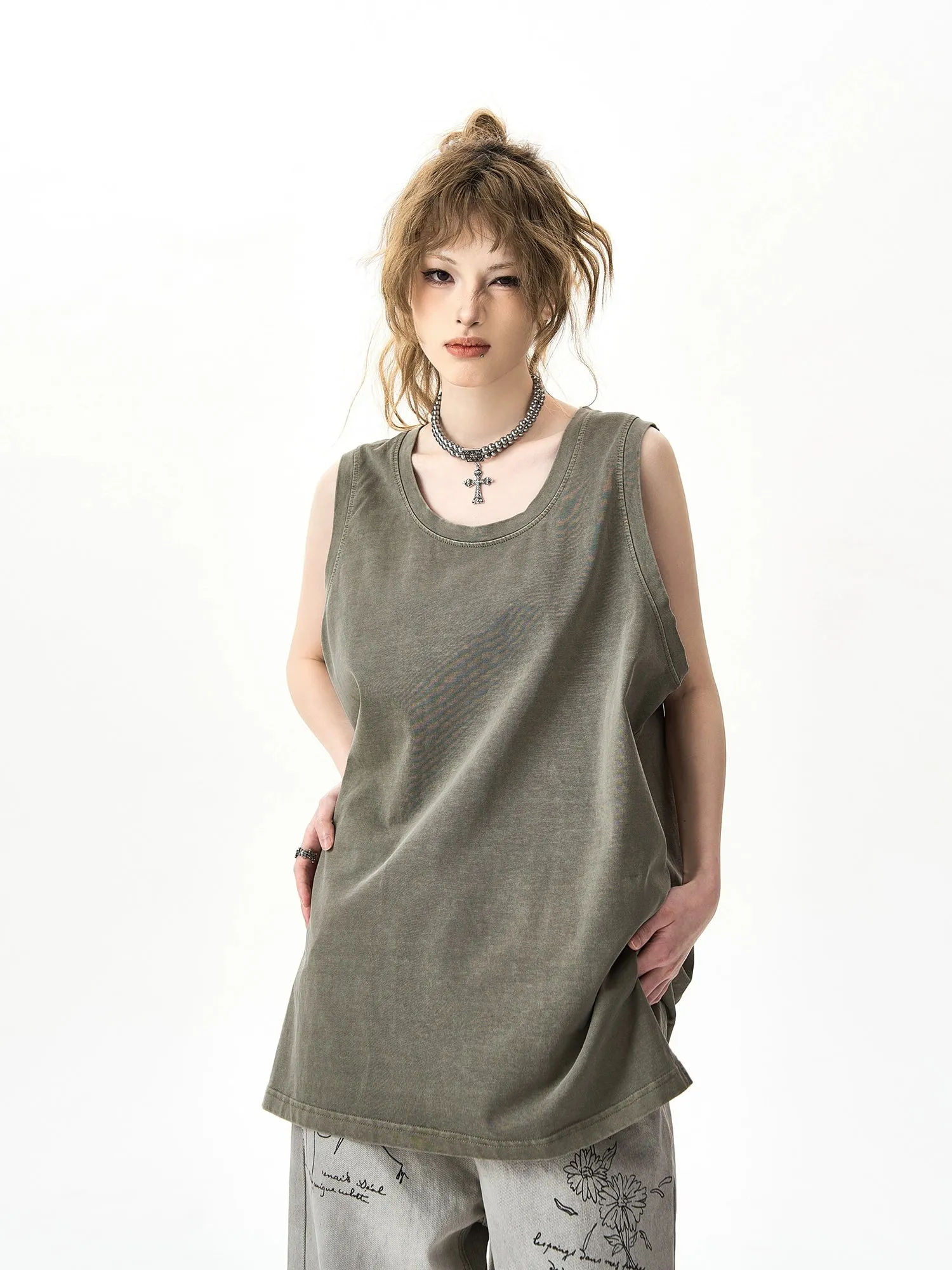 High Street Distressed Slit Sleeveless T-Shirt Solid Color Vest