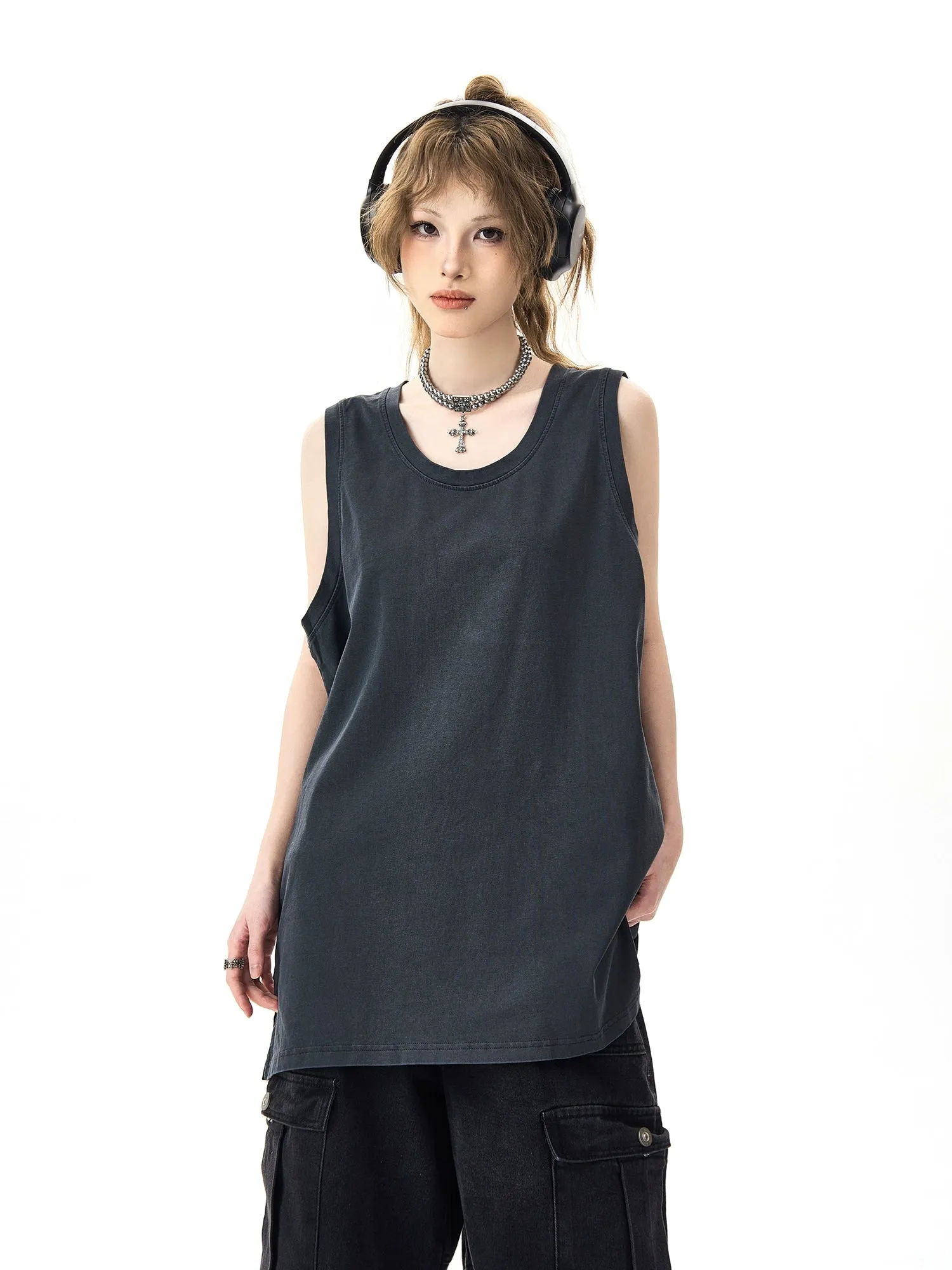 High Street Distressed Slit Sleeveless T-Shirt Solid Color Vest