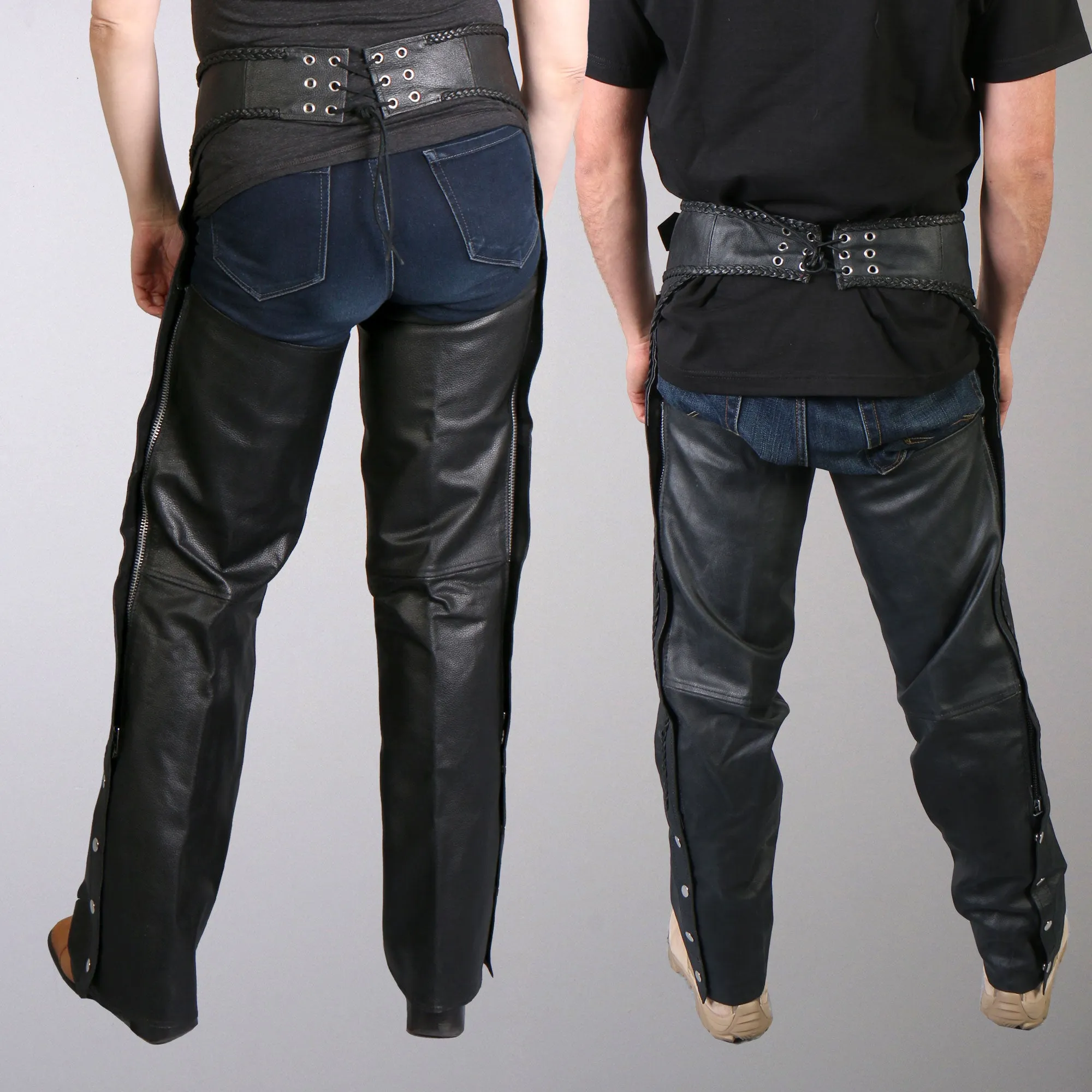 Hot Leathers CHM1003 Black Heavyweight Motorcycle Braided Uni-Sex Leather Biker Chaps