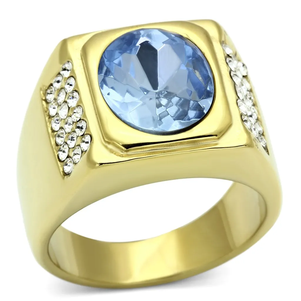 IP Gold(Ion Plating) Stainless Steel Ring with Synthetic Synthetic Glass in Light Sapphire for Women Style TK730