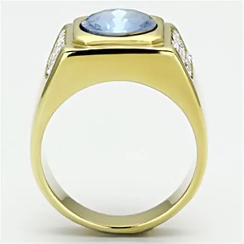 IP Gold(Ion Plating) Stainless Steel Ring with Synthetic Synthetic Glass in Light Sapphire for Women Style TK730