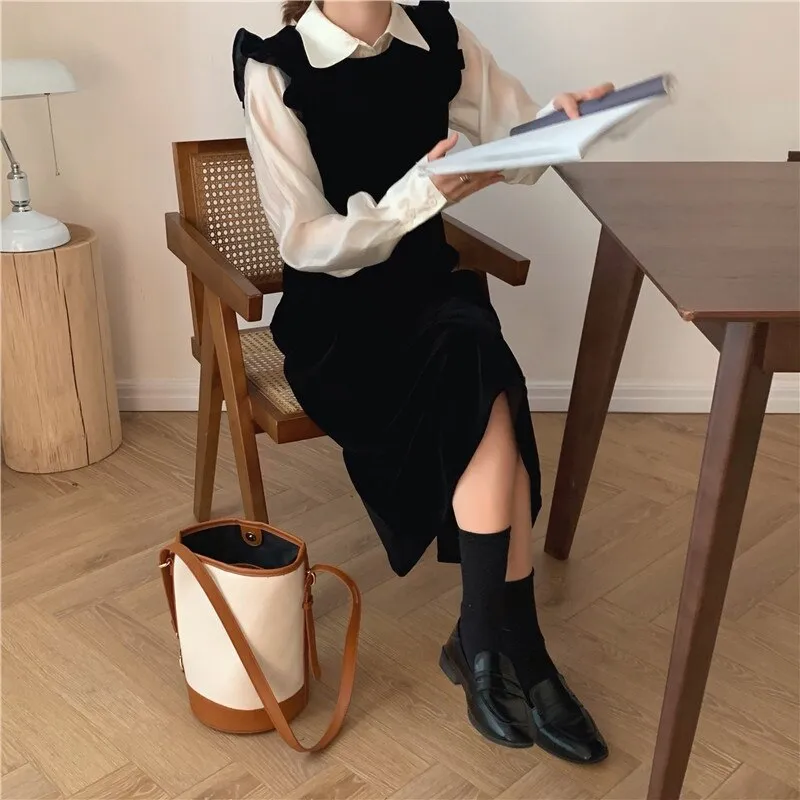 Joskka  New Women Spring Autumn Dresses Fashionable Elegant High Waist Vintage  Korean Style Velvet Sleeveless Long Dress