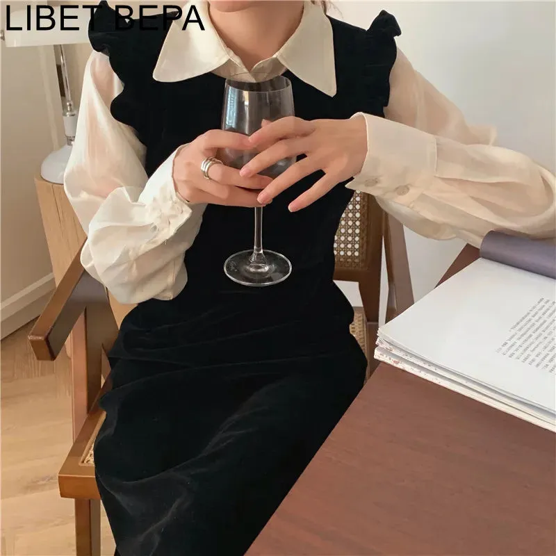 Joskka  New Women Spring Autumn Dresses Fashionable Elegant High Waist Vintage  Korean Style Velvet Sleeveless Long Dress