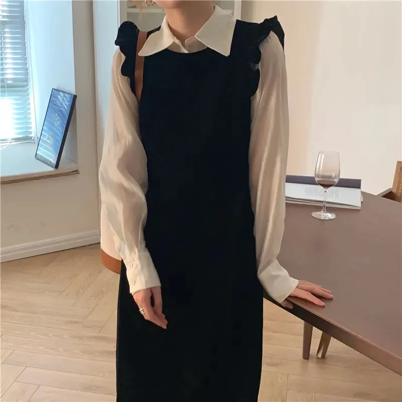 Joskka  New Women Spring Autumn Dresses Fashionable Elegant High Waist Vintage  Korean Style Velvet Sleeveless Long Dress