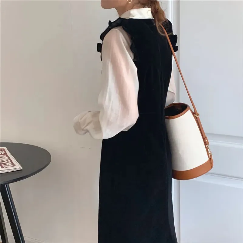 Joskka  New Women Spring Autumn Dresses Fashionable Elegant High Waist Vintage  Korean Style Velvet Sleeveless Long Dress