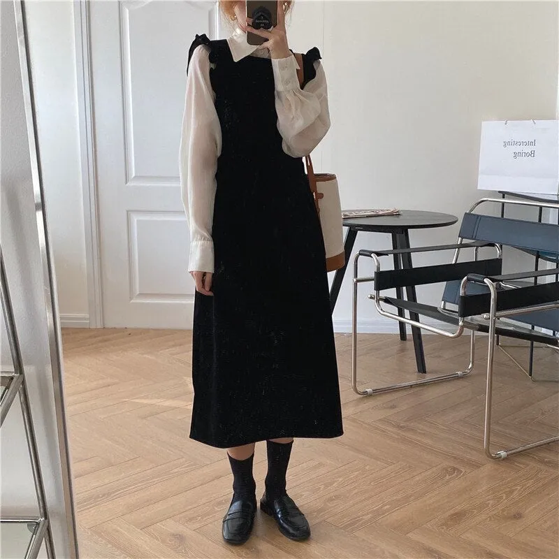 Joskka  New Women Spring Autumn Dresses Fashionable Elegant High Waist Vintage  Korean Style Velvet Sleeveless Long Dress