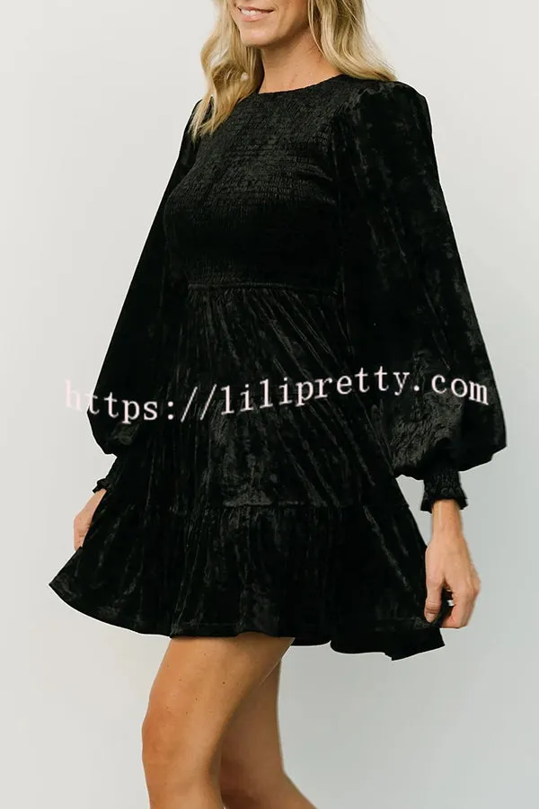 Kele Velvet Balloon Sleeve Patchwork Smocked Crew Neck Mini Dress