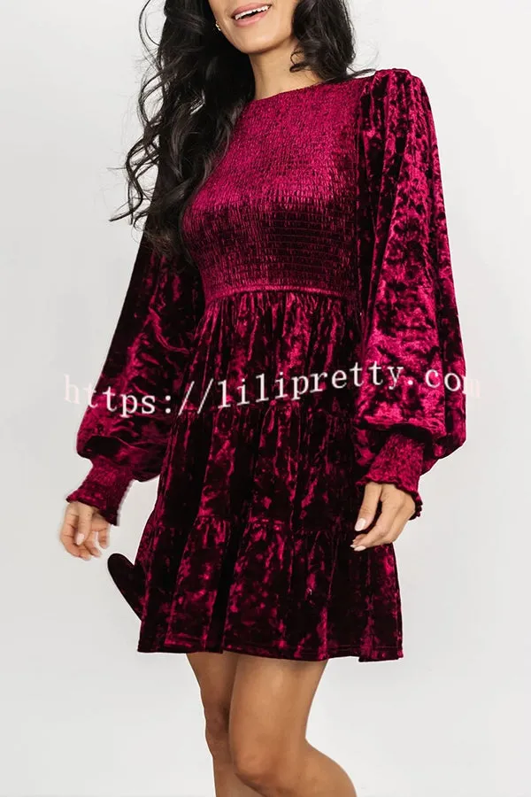 Kele Velvet Balloon Sleeve Patchwork Smocked Crew Neck Mini Dress