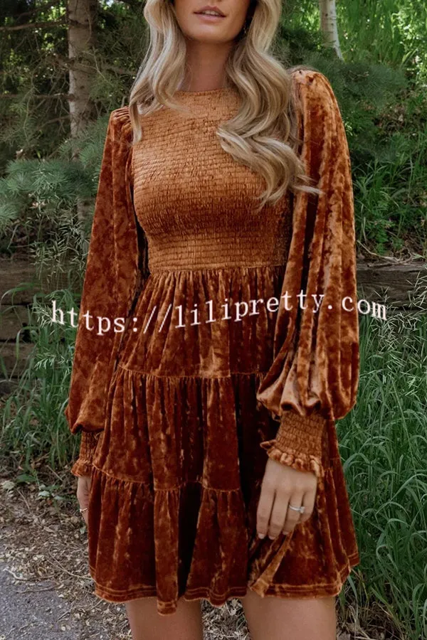 Kele Velvet Balloon Sleeve Patchwork Smocked Crew Neck Mini Dress