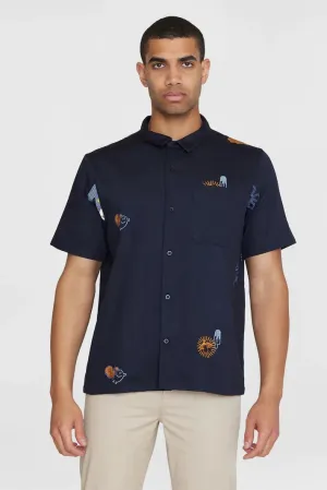 Knowledge Cotton Box Fit Short Sleeve Shirt with Embroidery - GOTS/Vegan