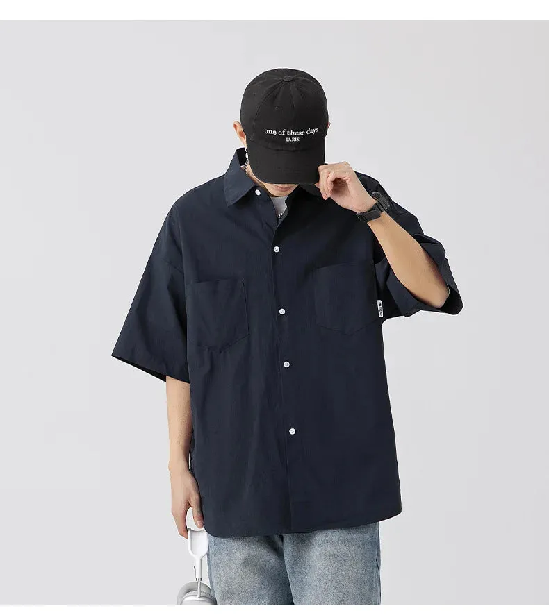 Korean Outdoor Double Pocket Design Short Sleeve Shirt Men Retro Loose Solid Color Simple Casual Tide Japanese Shirt