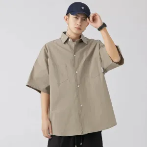 Korean Outdoor Double Pocket Design Short Sleeve Shirt Men Retro Loose Solid Color Simple Casual Tide Japanese Shirt