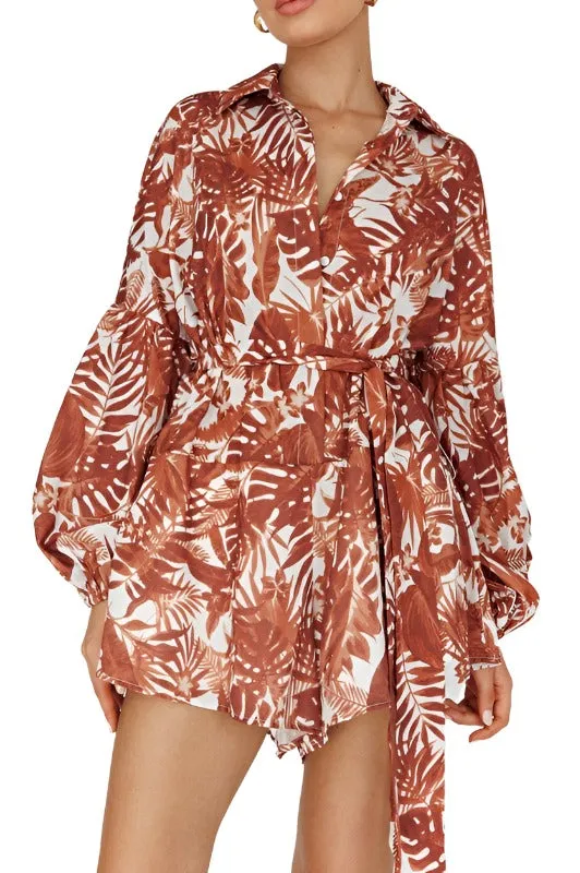 Leaves Print Puff Sleeved Romper