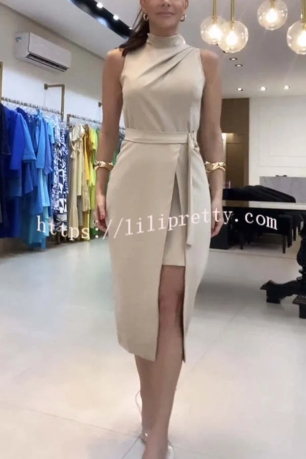 Lilipretty® Celebrities Elegant Turtleneck Wrap Belted Slit Fold Midi Dress