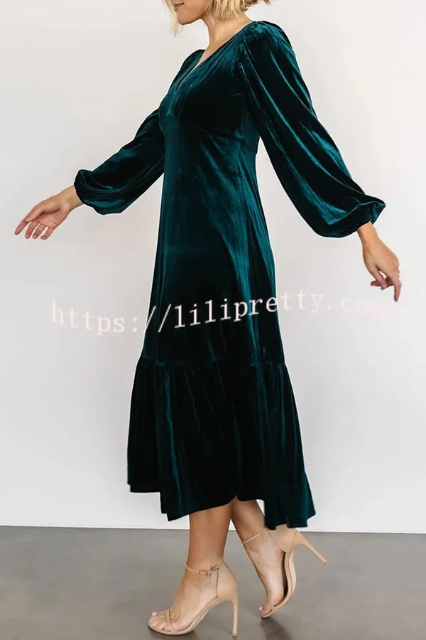 Lilipretty Erika Puff Sleeved Velvet Ruffled Midi Dress