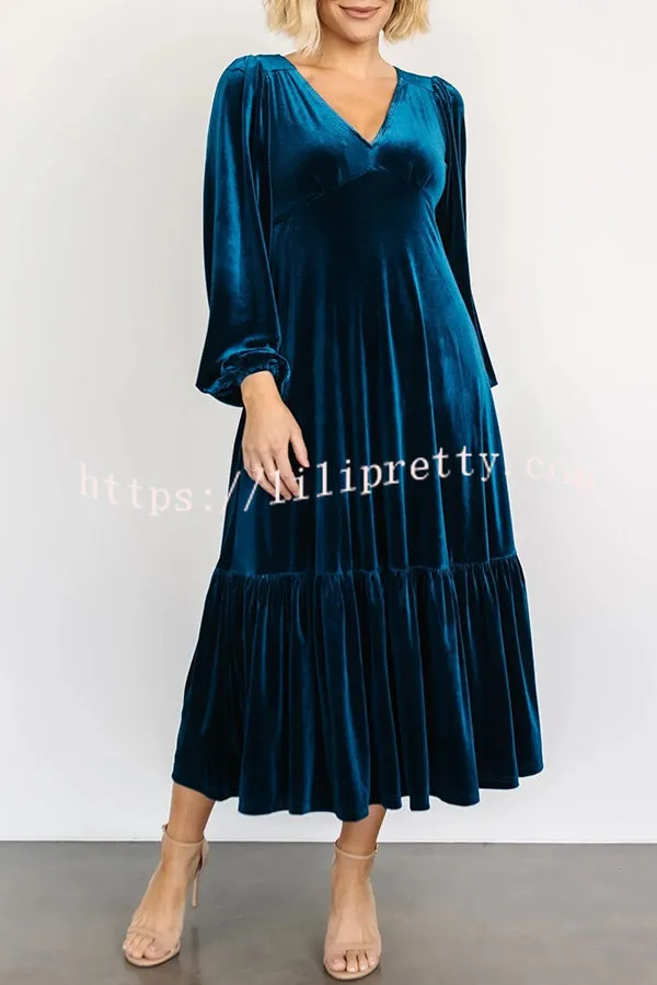 Lilipretty Erika Puff Sleeved Velvet Ruffled Midi Dress