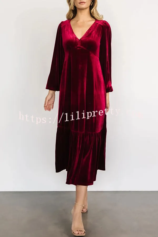 Lilipretty Erika Puff Sleeved Velvet Ruffled Midi Dress