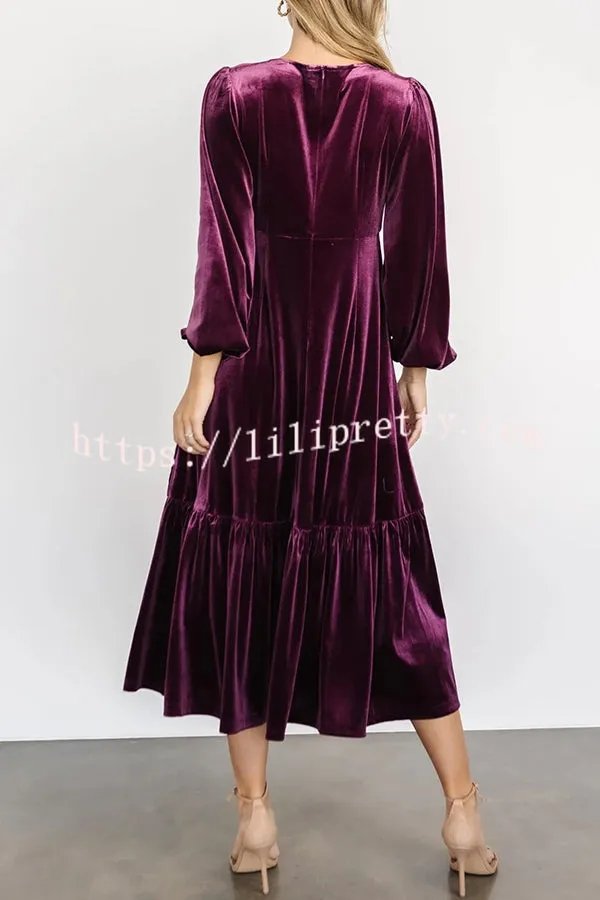 Lilipretty Erika Puff Sleeved Velvet Ruffled Midi Dress