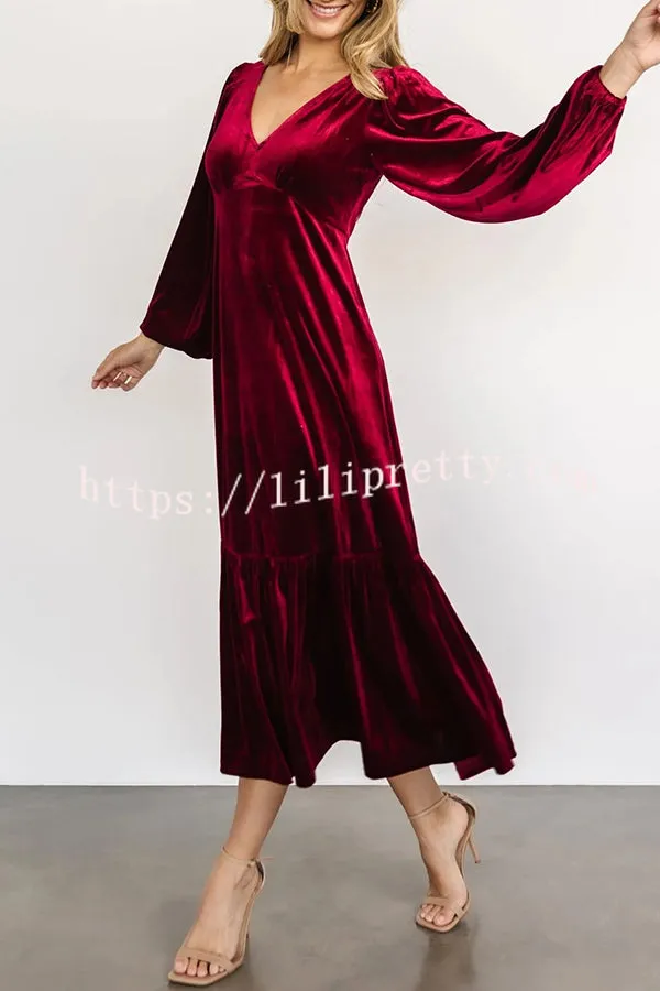 Lilipretty Erika Puff Sleeved Velvet Ruffled Midi Dress