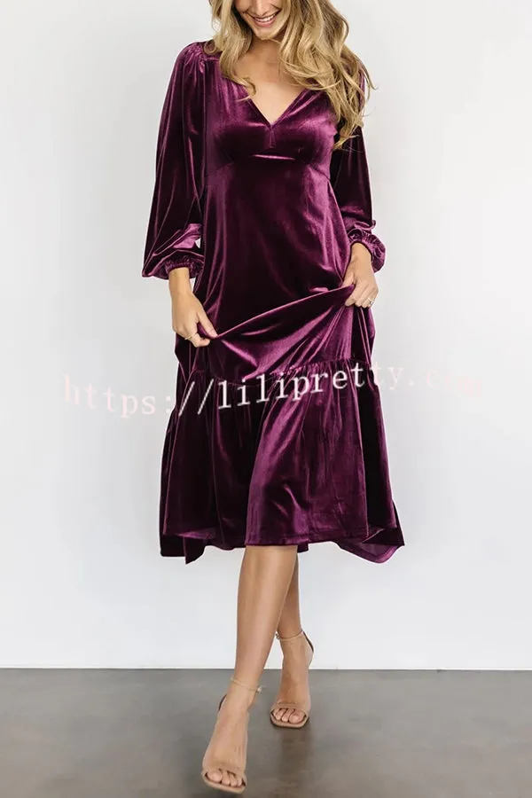 Lilipretty Erika Puff Sleeved Velvet Ruffled Midi Dress