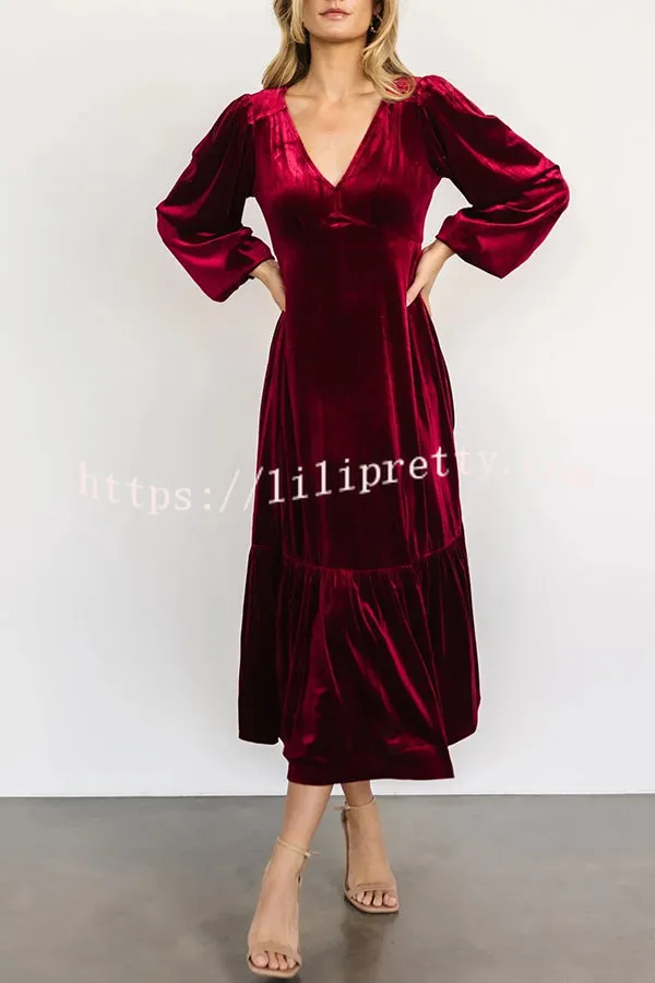 Lilipretty Erika Puff Sleeved Velvet Ruffled Midi Dress