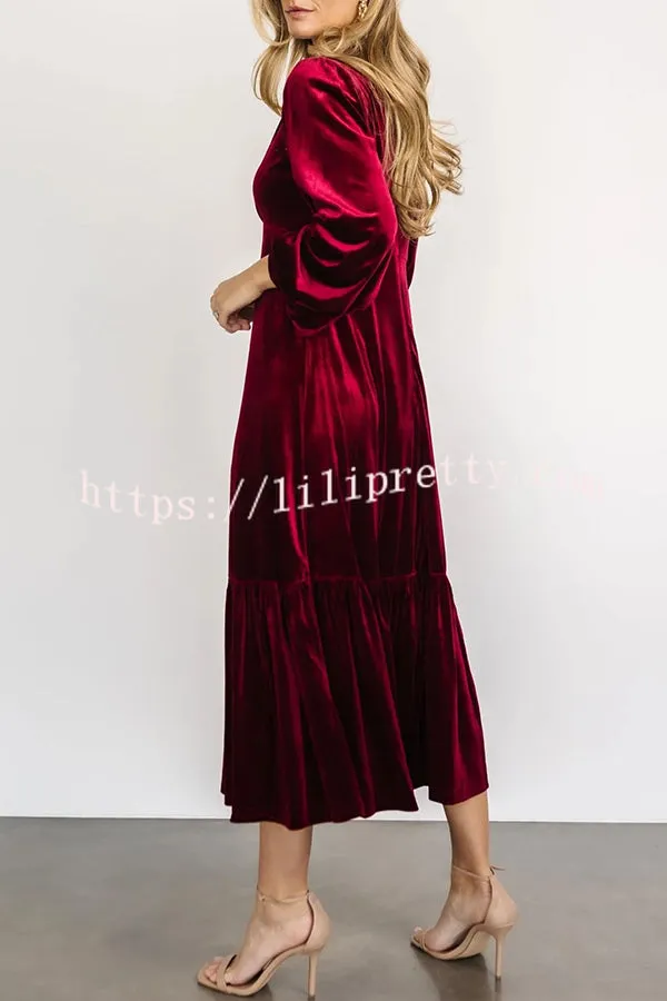 Lilipretty Erika Puff Sleeved Velvet Ruffled Midi Dress