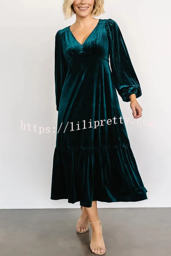 Lilipretty Erika Puff Sleeved Velvet Ruffled Midi Dress