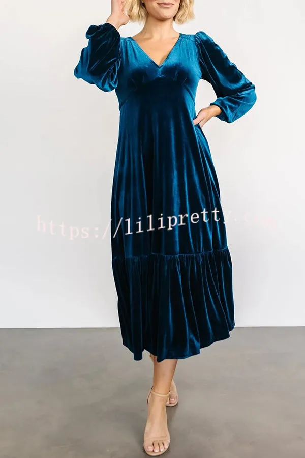 Lilipretty Erika Puff Sleeved Velvet Ruffled Midi Dress