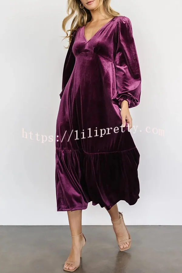 Lilipretty Erika Puff Sleeved Velvet Ruffled Midi Dress