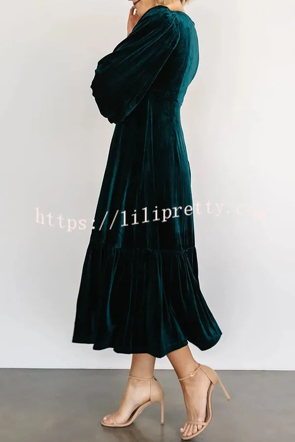 Lilipretty Erika Puff Sleeved Velvet Ruffled Midi Dress