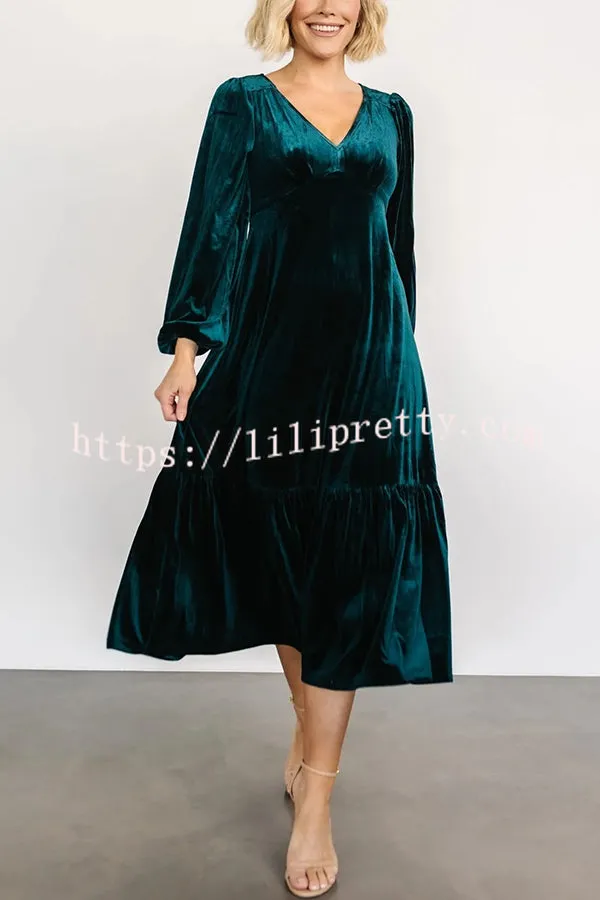 Lilipretty Erika Puff Sleeved Velvet Ruffled Midi Dress