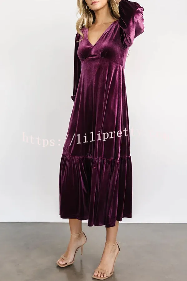 Lilipretty Erika Puff Sleeved Velvet Ruffled Midi Dress