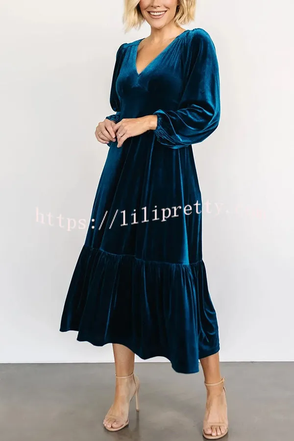 Lilipretty Erika Puff Sleeved Velvet Ruffled Midi Dress