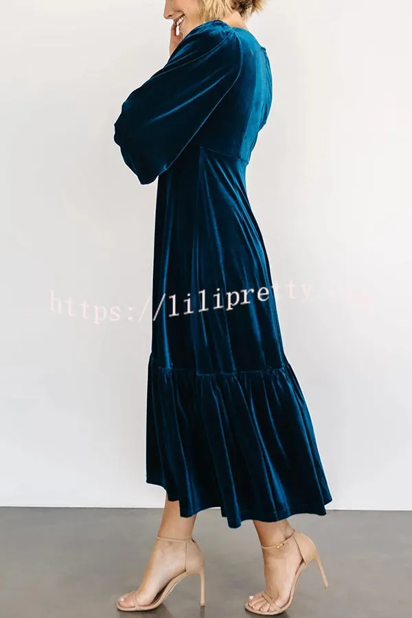 Lilipretty Erika Puff Sleeved Velvet Ruffled Midi Dress