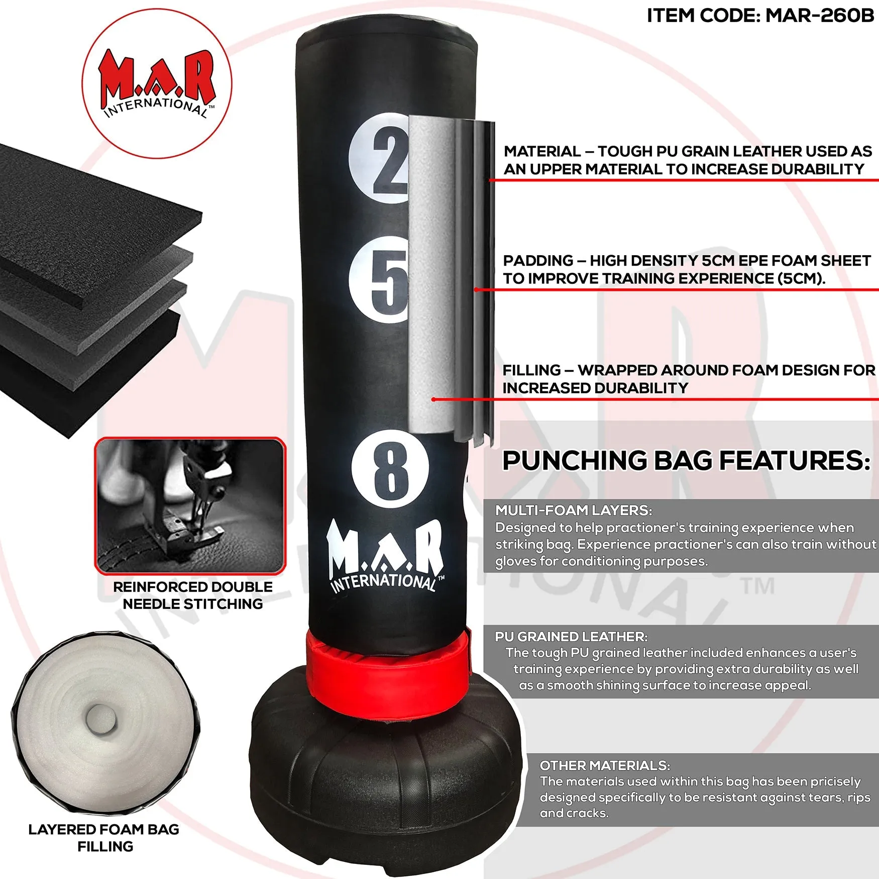 MAR-260B | Freestanding Heavy Duty X-Large 180cm Tall Punching Bag with Scoring Zones