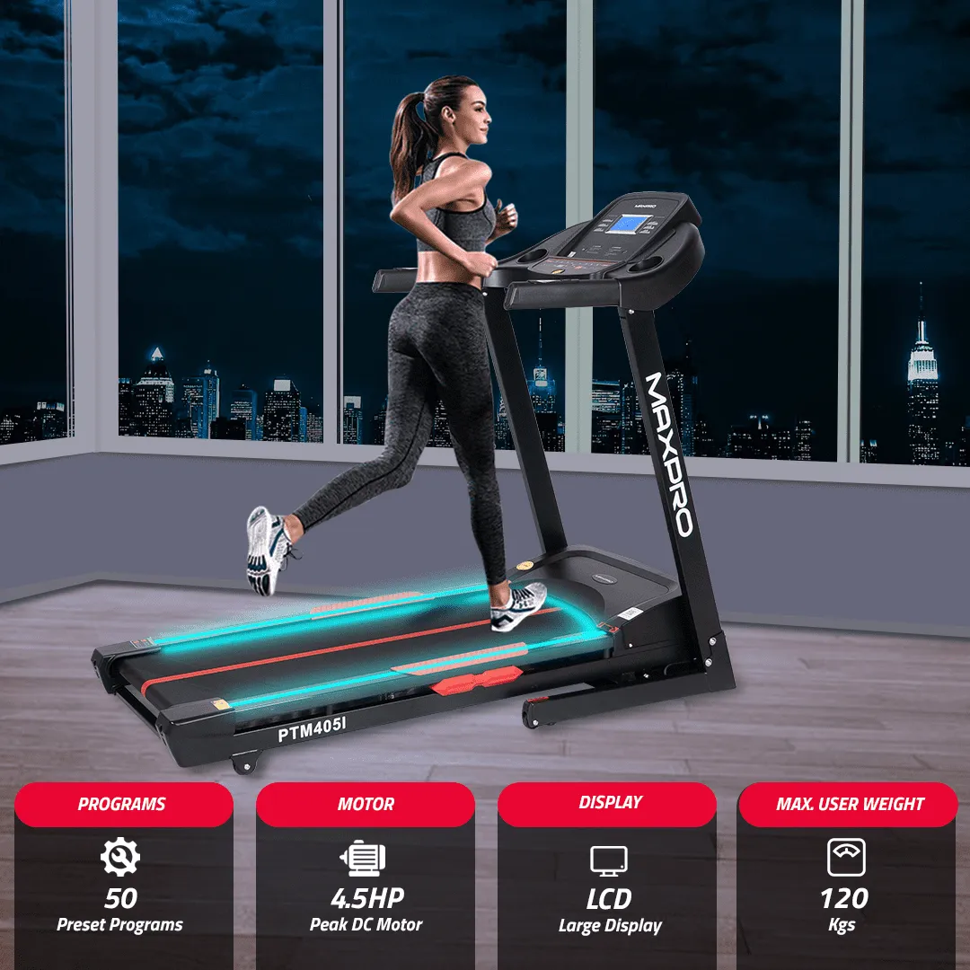 MAXPRO Torque Auto Incline Treadmill for home gym | 4.5Hp Peak DC Motor | 15Level Auto Incline | Max. Speed 14Km/Hr,120KG User Weight,Fitshow App, Free Diet Plan,Home Use Foldable Treadmill(PTM405IDC)