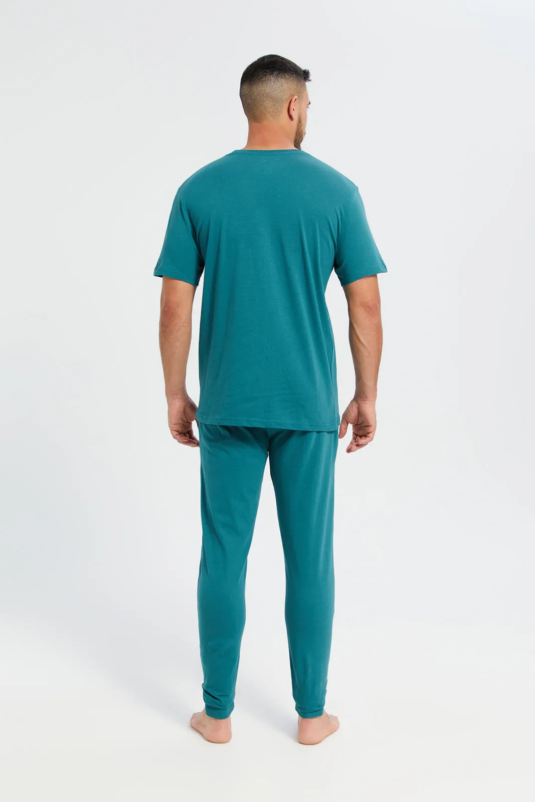 Men Green Plain T-Shirt And Pants Pyjama Set (2 Piece)