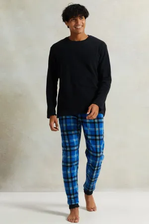 Men Navy Chekered Fleece Lounge Set (2 Piece)