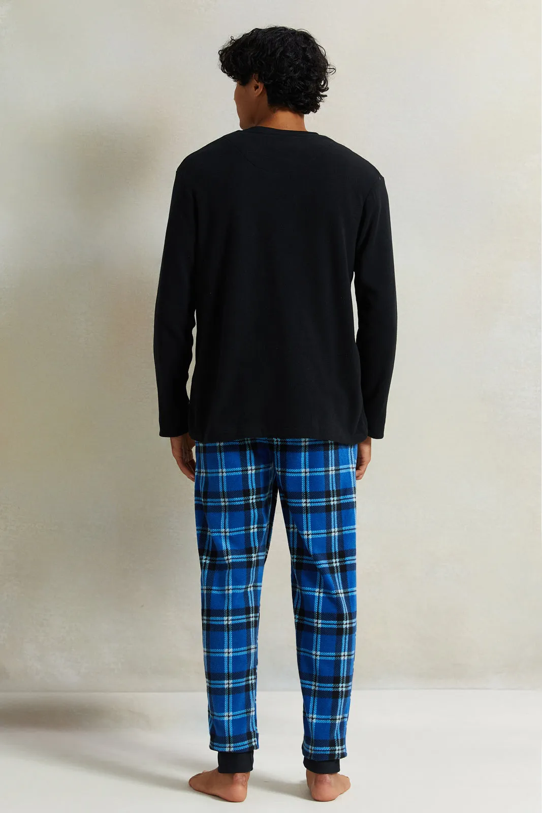 Men Navy Chekered Fleece Lounge Set (2 Piece)