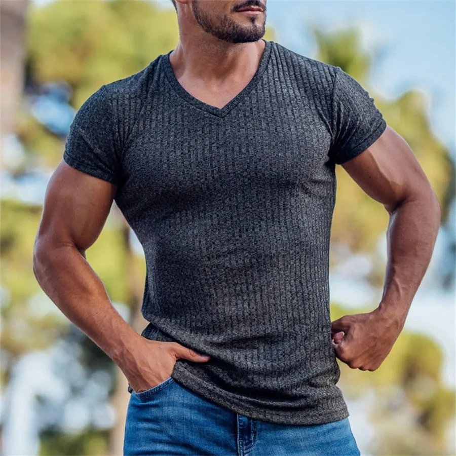 Men V Neck Short Sleeve T Shirt Slim Fit Sports Strips T-shirt Male Solid Fashion Tees Tops Summer Knitted Gym Fitness Clothing