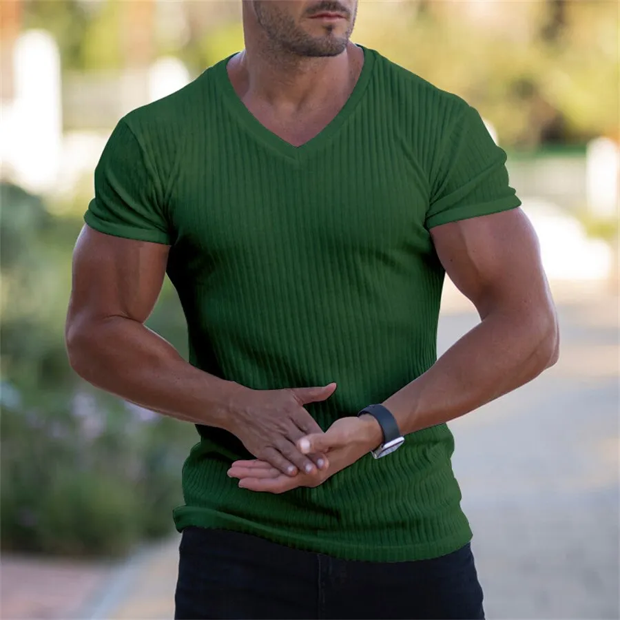 Men V Neck Short Sleeve T Shirt Slim Fit Sports Strips T-shirt Male Solid Fashion Tees Tops Summer Knitted Gym Fitness Clothing