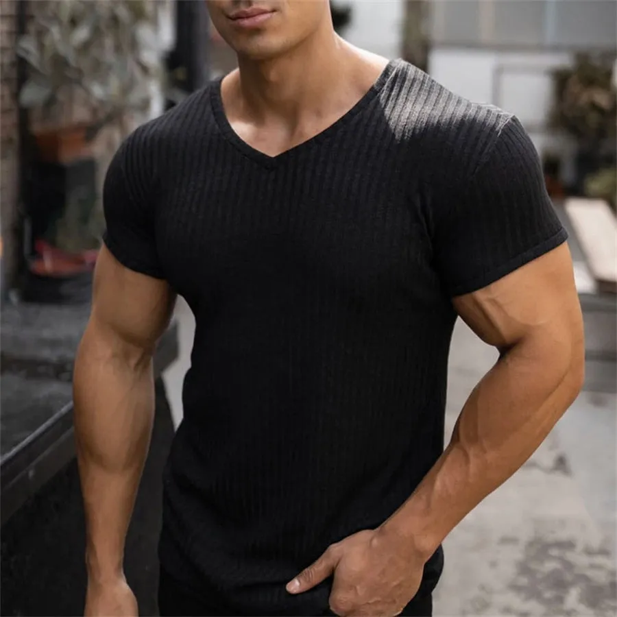 Men V Neck Short Sleeve T Shirt Slim Fit Sports Strips T-shirt Male Solid Fashion Tees Tops Summer Knitted Gym Fitness Clothing