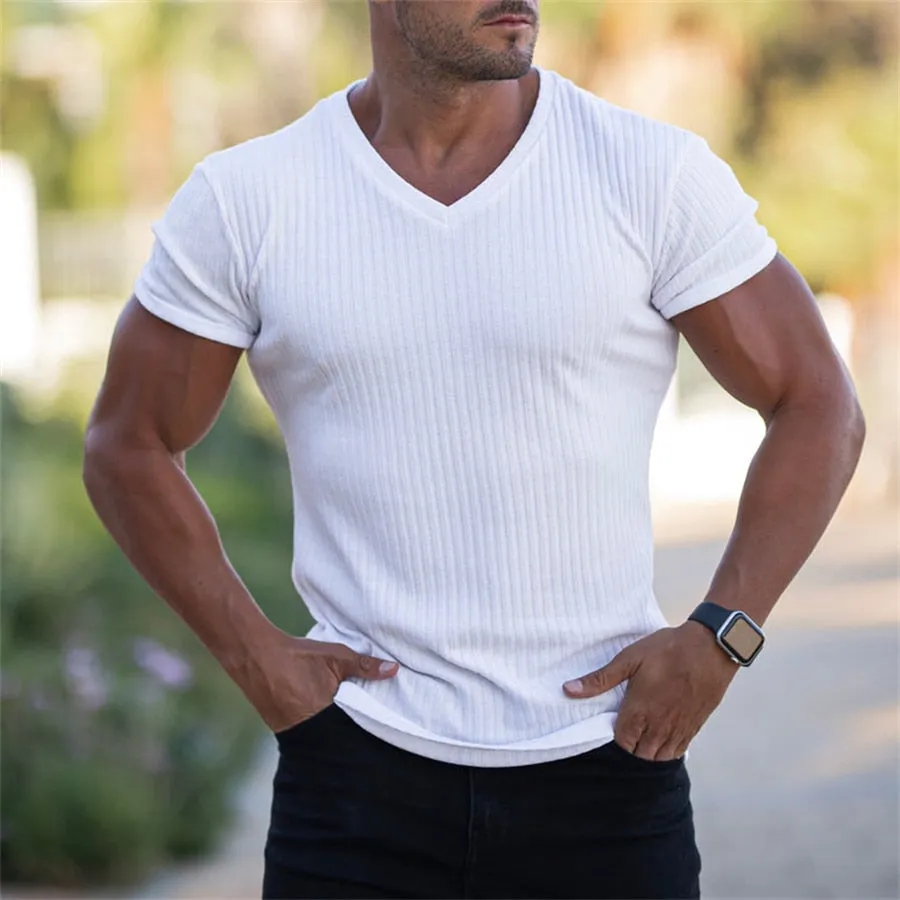 Men V Neck Short Sleeve T Shirt Slim Fit Sports Strips T-shirt Male Solid Fashion Tees Tops Summer Knitted Gym Fitness Clothing